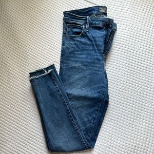 A&F Dark Wash High Rise Super Skinny Jeans with Raw Hem